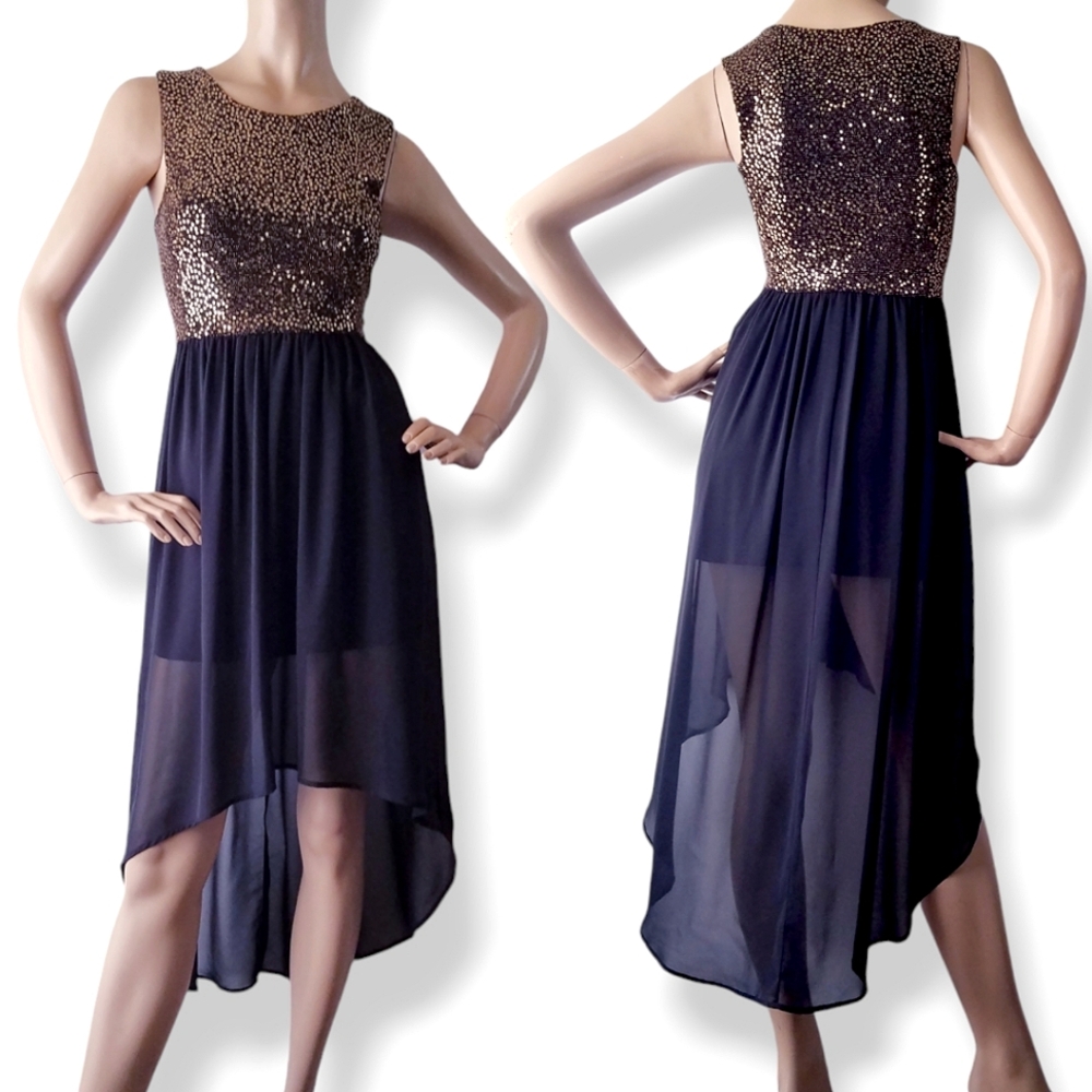 3ena Black & Gold Sequin High Low Dress